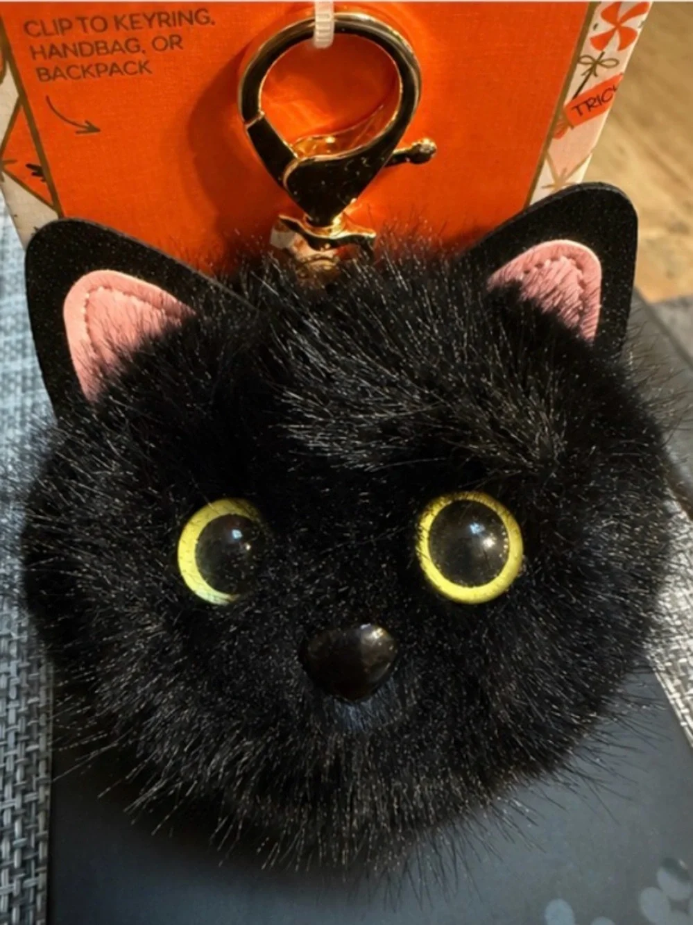 Piper Black Fuzzy Cat 🐈‍⬛Pom Bag Charm with Yellow Eyes🎃Halloween Fun